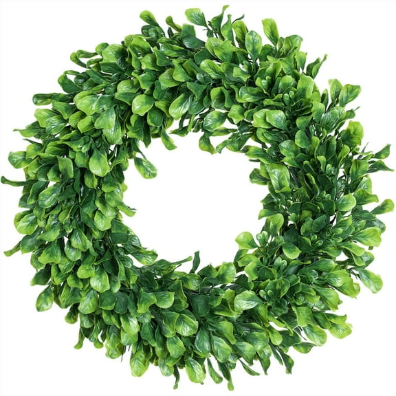 Artificial Green Leaves Wreath - 15" Boxwood Wreath Outdoor Green Wreath for Front Door Wall Window Party Décor