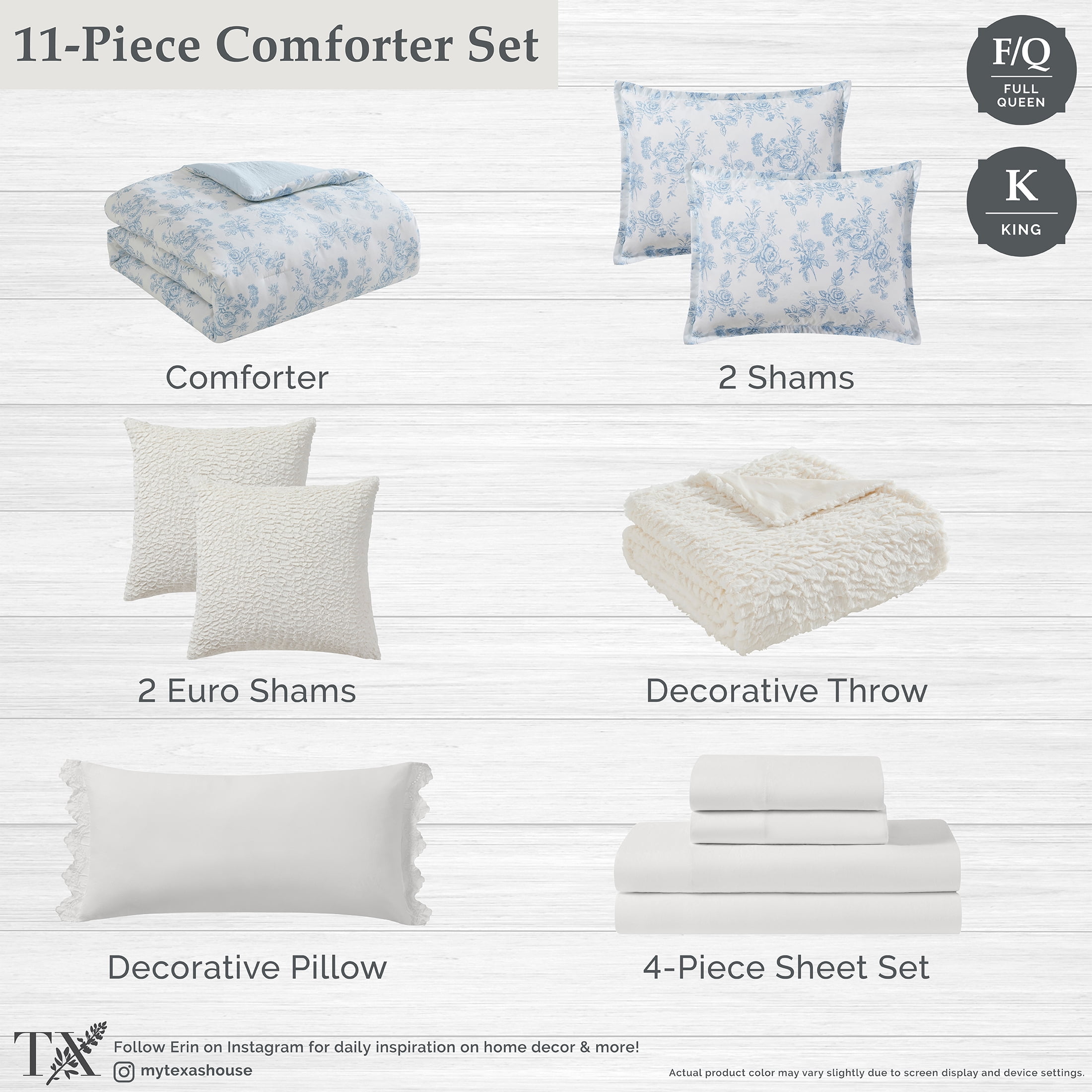 My Texas House Floral 11-Piece Comforter Set with Sheets, Blue, Queen