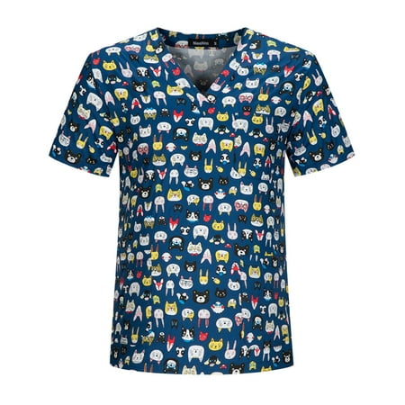 

Scrubs Tops For Women Print Short Sleeve V-Neck Cartoon American Flag Printed Top Nursed Working Nursing Uniforms With Pockets