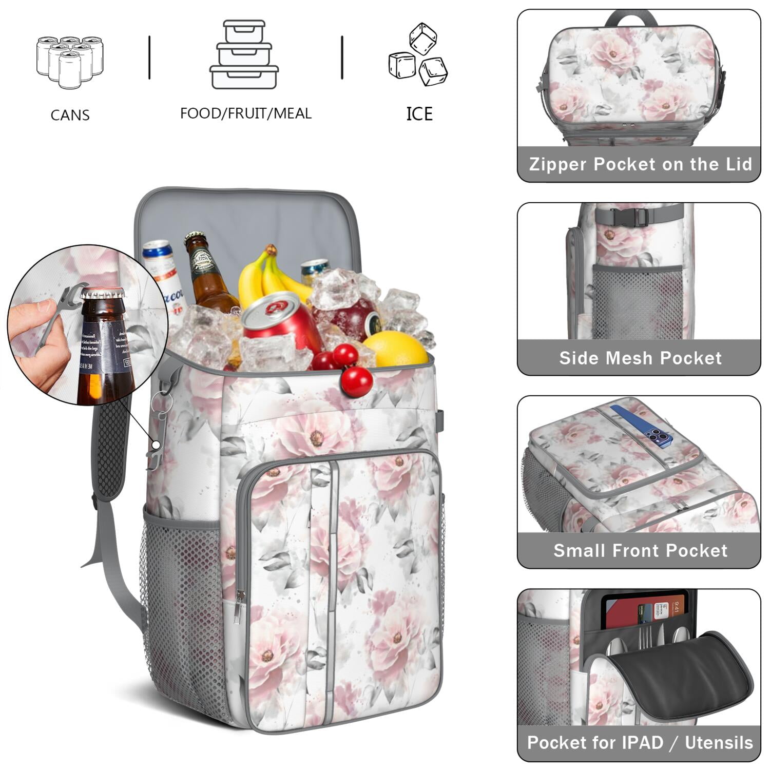 Travel Cooler Bag - Pioneer Flower Floral Print Pattern Camping Beer Cooler Backpack with Bottle Opener- Waterproof Insulated Picnic Backpacks - Cooler Bag for Beach