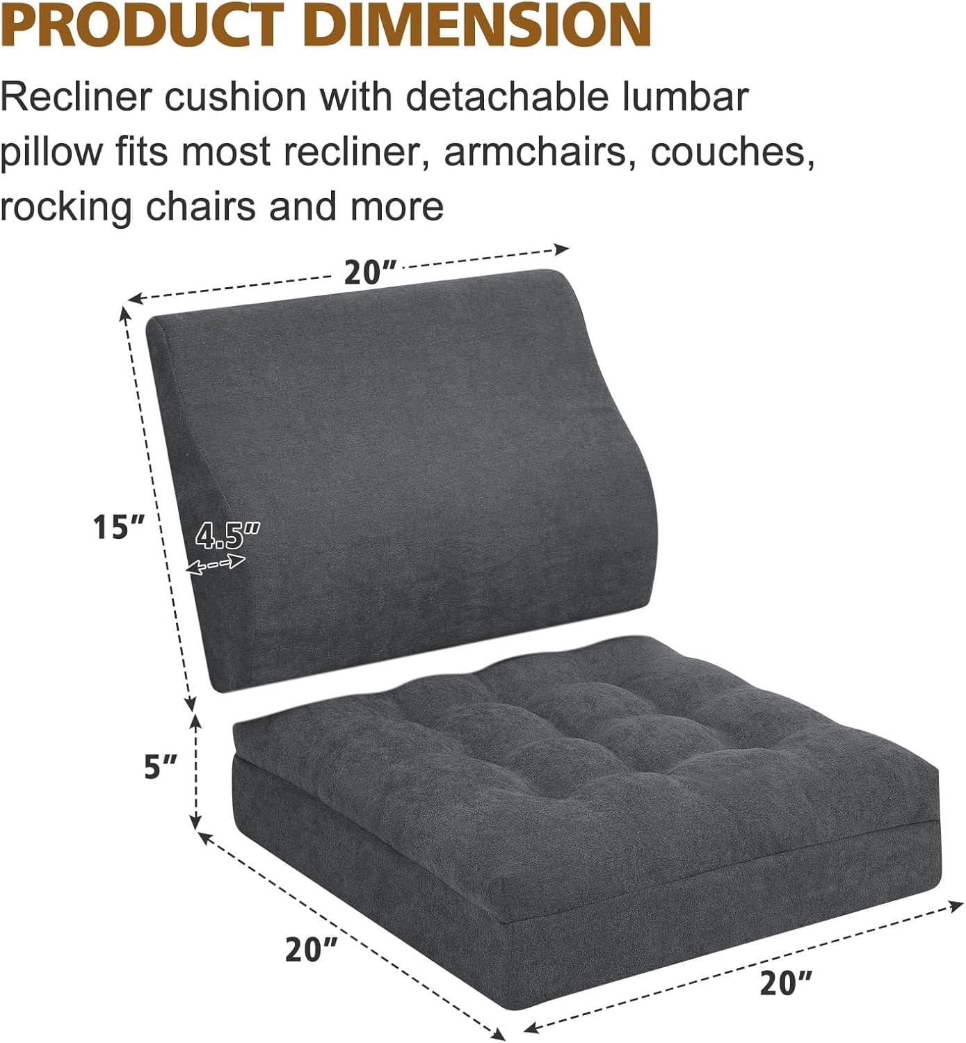 Recliner Seat Cushion for Elderly - Patented Dual Design for Sagging Recliner Replacement & Easy Get Up, Booster Cushion Relieves Back Pain from Sofa, Couch, Chair 20x20x5 Inches Dark Grey