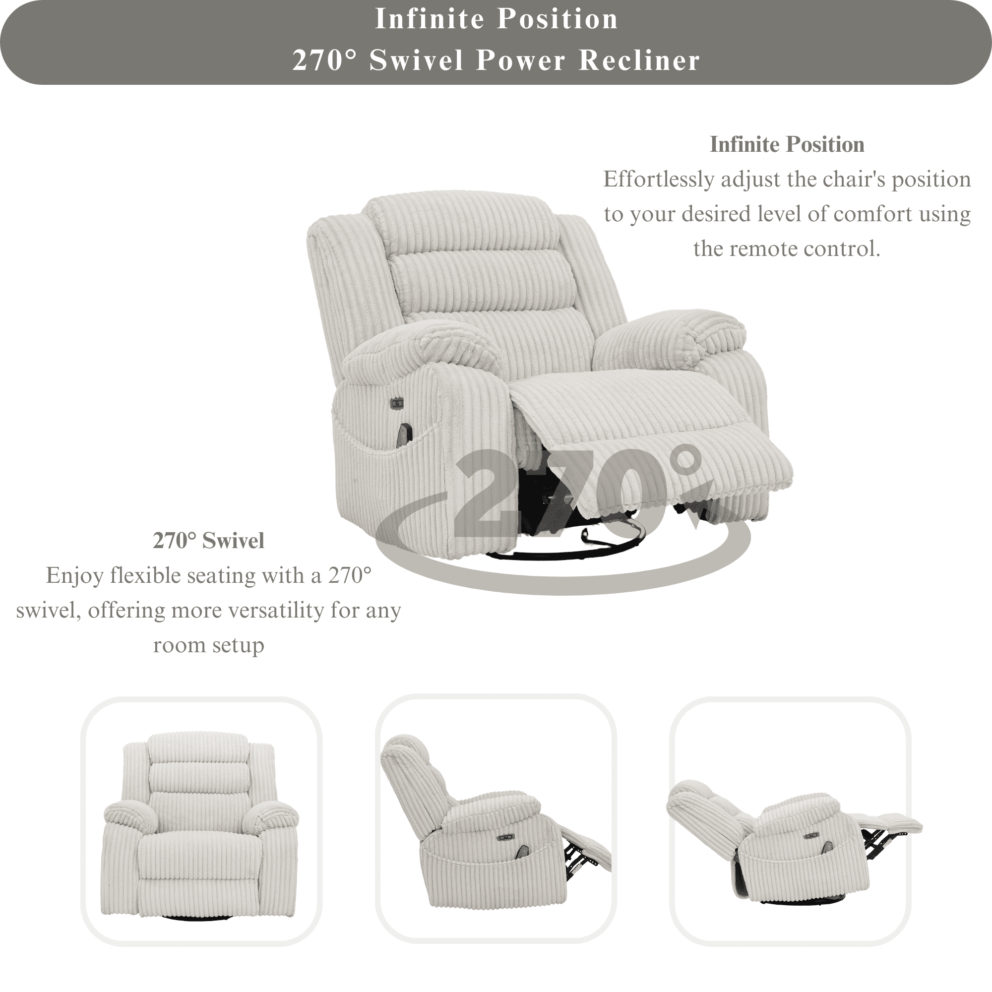 JUUXO Extra Wide Rocker Recliner Swivel Chair Nursery with Heat Massage - USB & Type C Charging Port - Velvet Swivel Reclining Chair for Living Room Bedroom Office