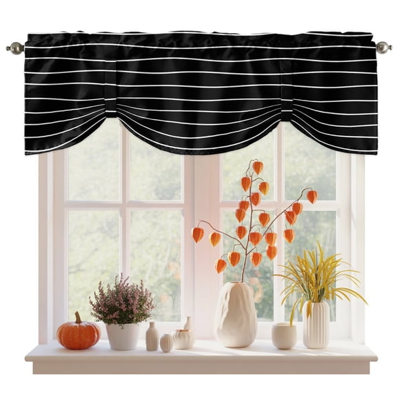 Black Striped Tie Up Valance Curtains for Windows, Kitchen Curtains Window Treatments, Modern Minimalist Boho Horizontal Stripes Short Window Shades Valances for Bedroom Bathroom Cafe 42"x18"