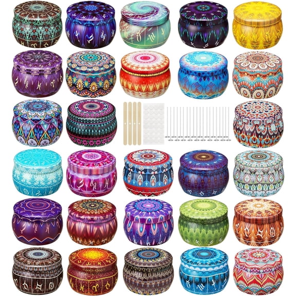 Empty 3 oz Candle Tins Candle Jars 28 Pcs 28 Patterns, Candle Making Kits, with Wicks, Wick Holders & Stickers