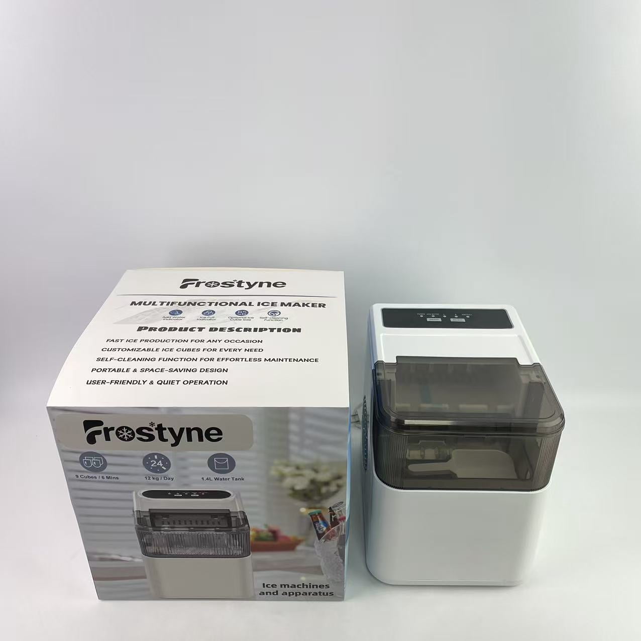 Frostyne Ice machines and apparatus,Countertop Ice Maker Machine with Handle, 26lbs Per Day, 9 Ice Cubes Ready in 6 Mins, Auto-Cleaning Portable Ice Maker with Basket and Scoop (White)