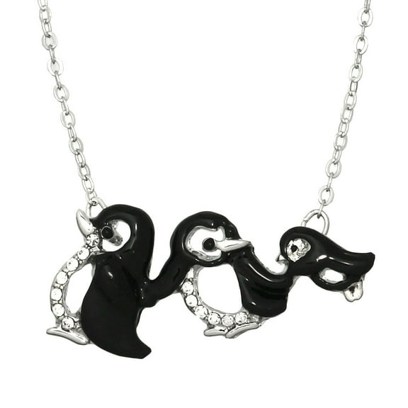 Penguin Family Pendant Necklace Rhinestone Crystal Rhodium High Polished J0318