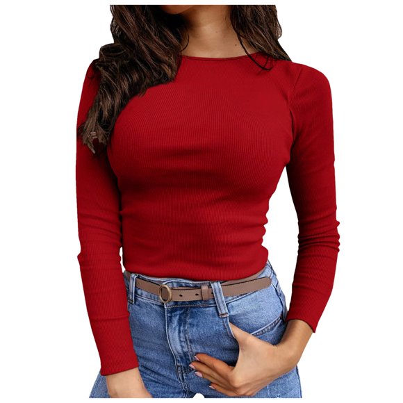 Fgnfyis Womens Long Sleeve Tops Stretch Crewneck Ribbed T Shirt Fitted Casual Basic T Shirts for Women Red M
