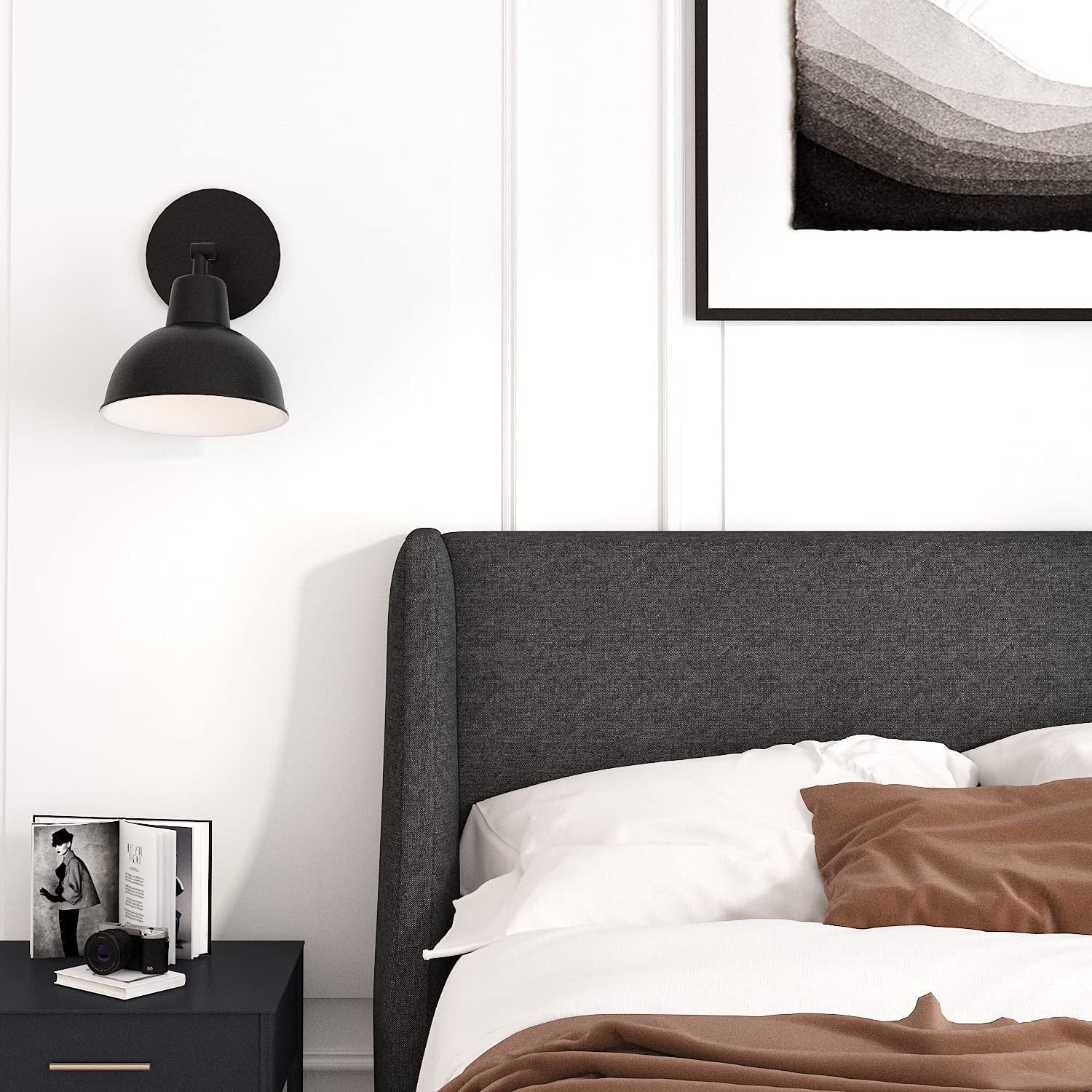 Einfach Queen Size Platform Bed Frame with Wingback Headboard, Dark Grey