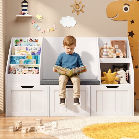 Kids Toy Storage Organizer with Seat Cushion and 3 Movable Drawers, Noelse Toddler Reading Nook and Toy Organizer with Bookshelf and Bench for Playroom, Bedroom, White, Painted