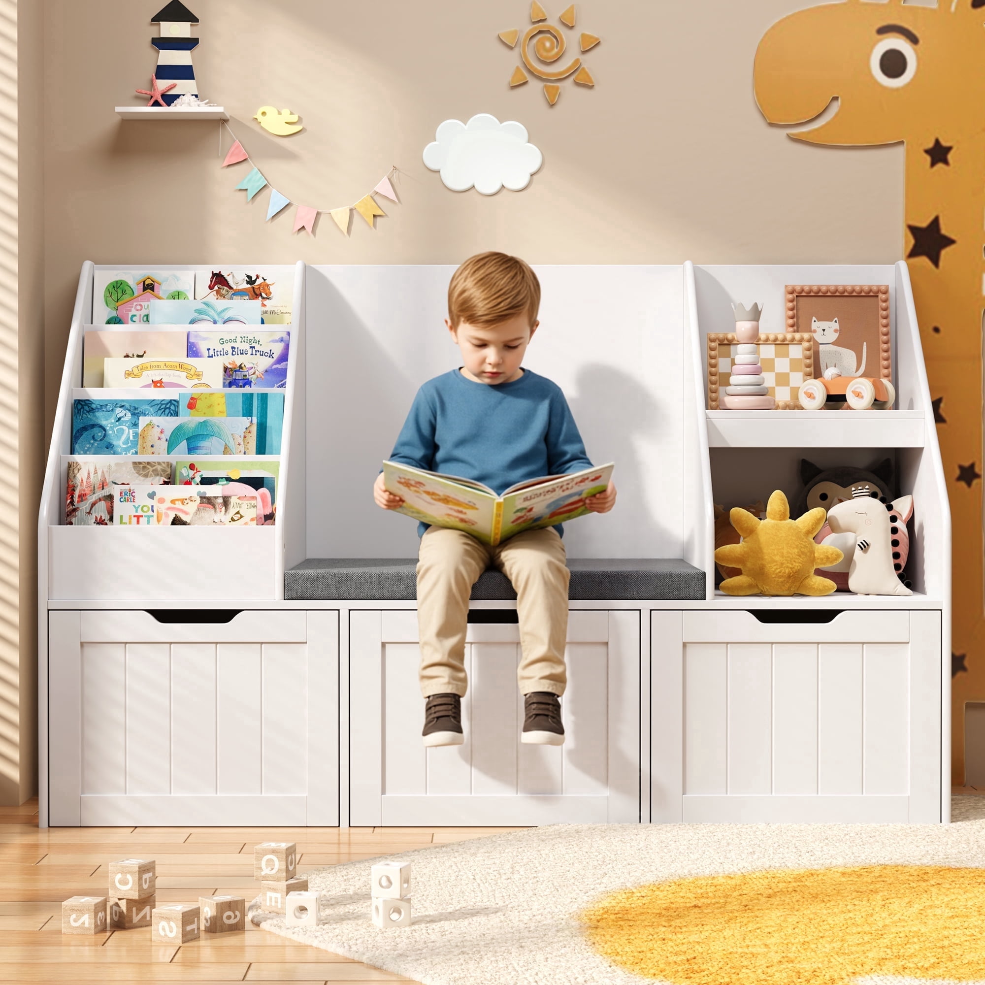 Kids Toy Storage Organizer with Seat Cushion and 3 Movable Drawers, Noelse Toddler Reading Nook and Toy Organizer with Bookshelf and Bench for Playroom, Bedroom, White, Painted