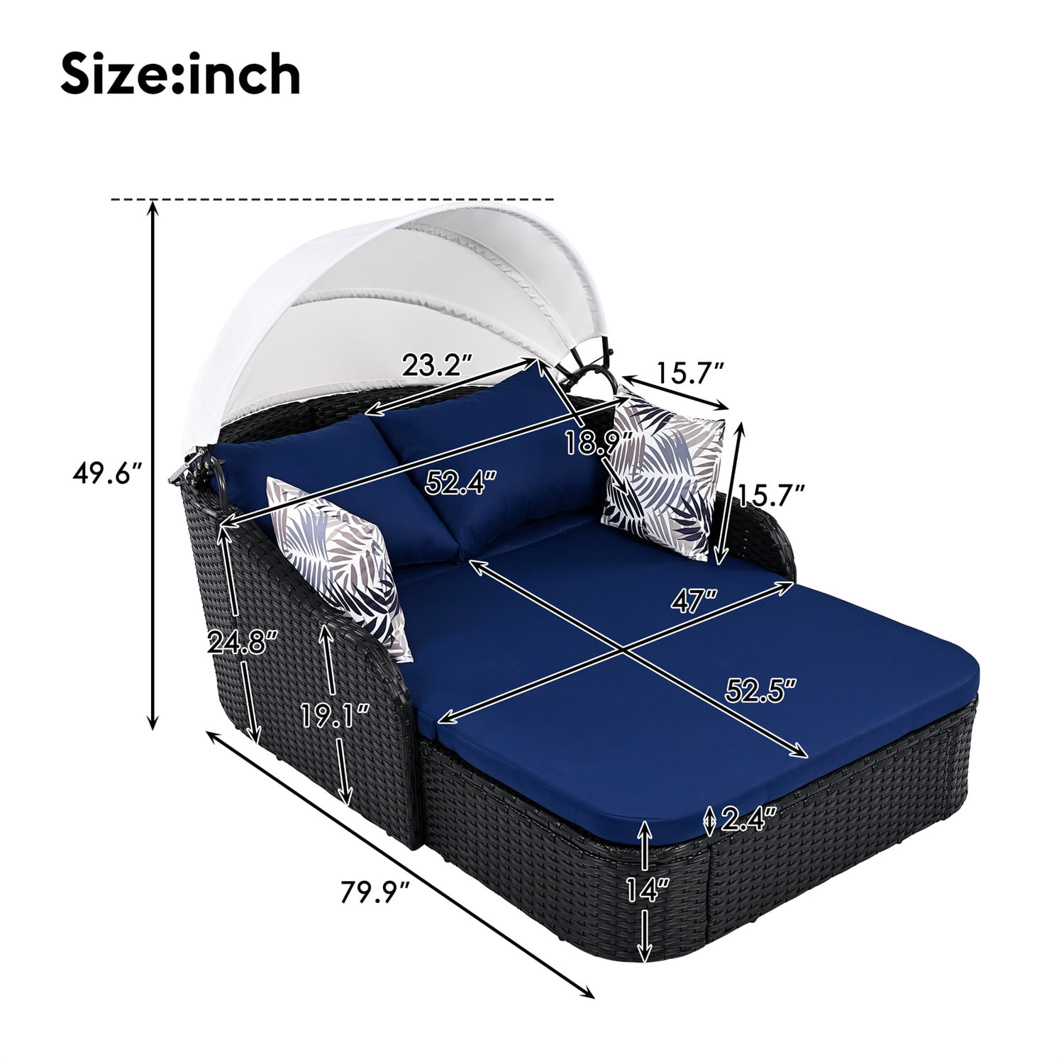 HighSound Outdoor Daybed, Patio Daybed with Retractable Canopy, High-Resilient Soft Cushions, 2-Person Lounge Bed, Outdoor Bed Loveseat for Garden, Backyard, Porch (Blue)