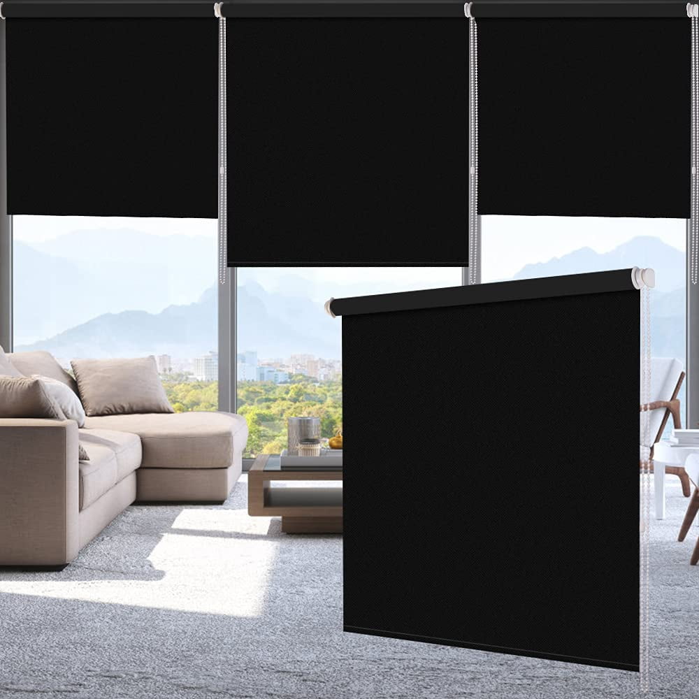 OUNUO Home Trimmable Blackout Roller Blinds Easy to install 60×165cm, Black For Office Bathroom Bedroom Living Room Polyester Fabric Thermal Window Blinds Up To 60cm UV-resistant 