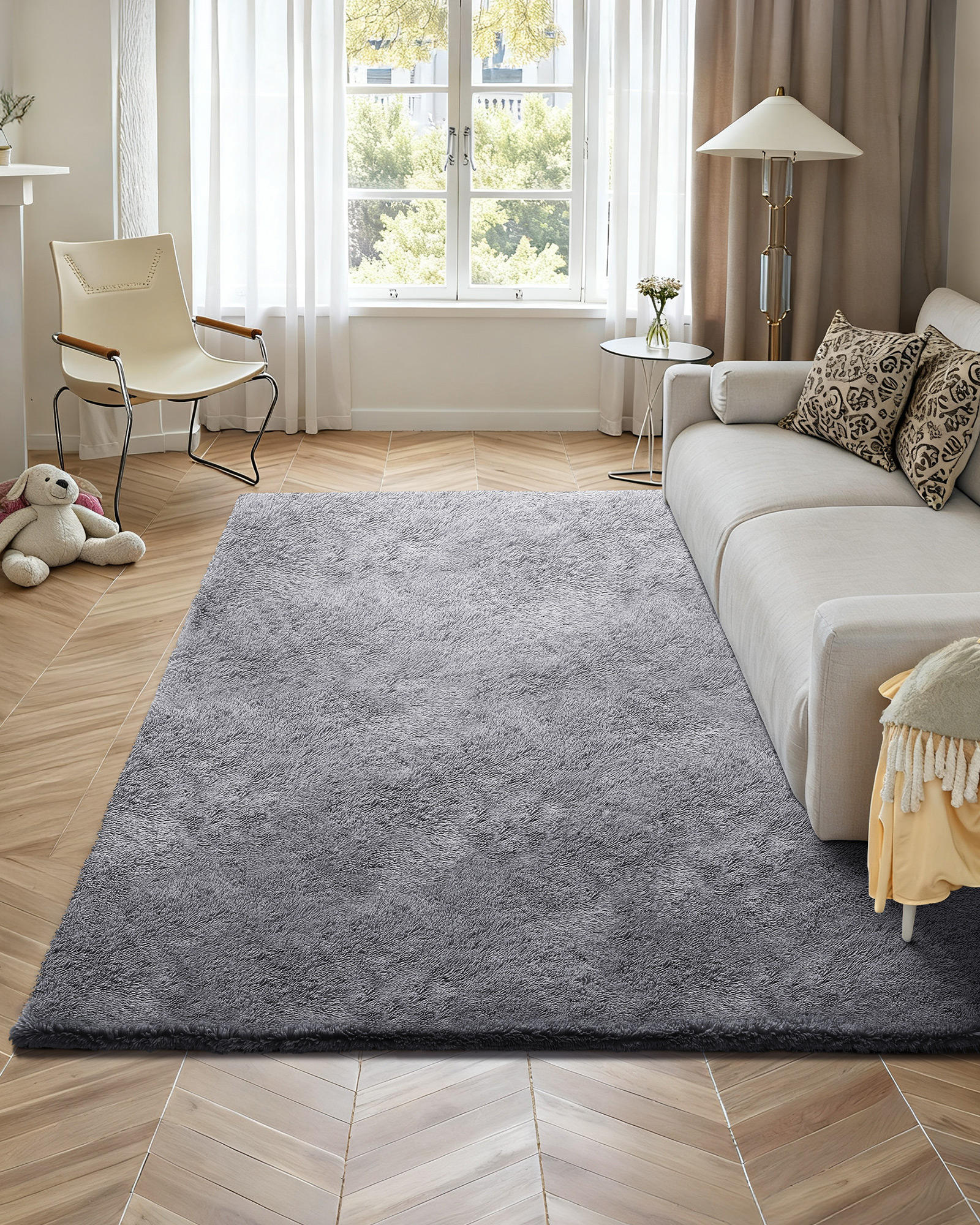 VEVOR Indoor Plush Area Rugs, 8 x 10 ft Soft Plush Carpet, Furry Shag Area Rugs for Living Room, Bedroom, Sunroom, Modern Home Decor Aesthetic, Non-Shedding, Non-Woven, Slip-Resistant, Smoke Gray