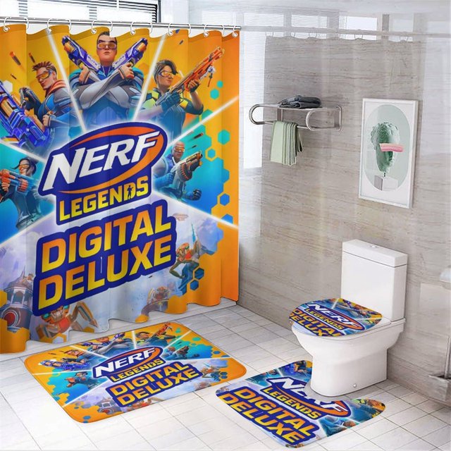 Nerf-theme 4-Piece Shower Curtain Set with Rugs, Waterproof Bathroom Decor Set Includes Bath Mat, U-Shaped Rug, Toilet Lid Cover and Curtain with Hooks