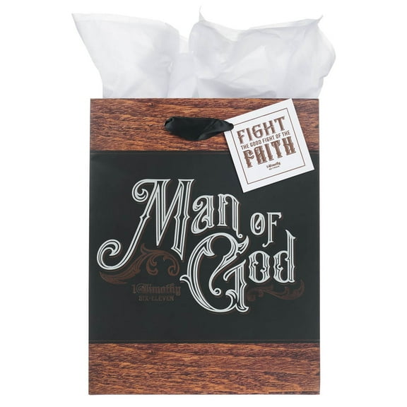 Christian Art Gifts Medium Portrait Scripture Gift Bag, Tag & Wrapping Tissue Paper Set for Men: Man of God, Matted, Satin Handles, Black/Brown/Silver
