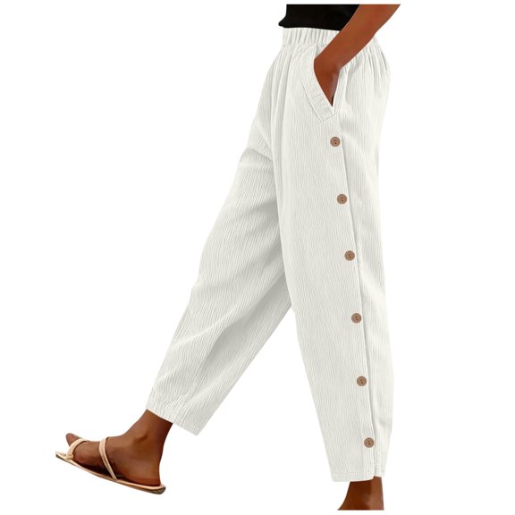 Corduroy Pants for Women Side Button Elastic Waist Fall Winter Pant Straight Leg Lightweight Comfy Trousers with Pockets White M