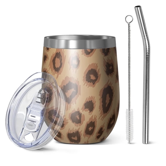12oz Stemless Wine Tumblers Leopard Pattern Vacuum Insulated Stainless Steel Travel Tumbler Cups Mug with Lid and Straw for Champaign,Cocktail,Beer with Cleaning Brush