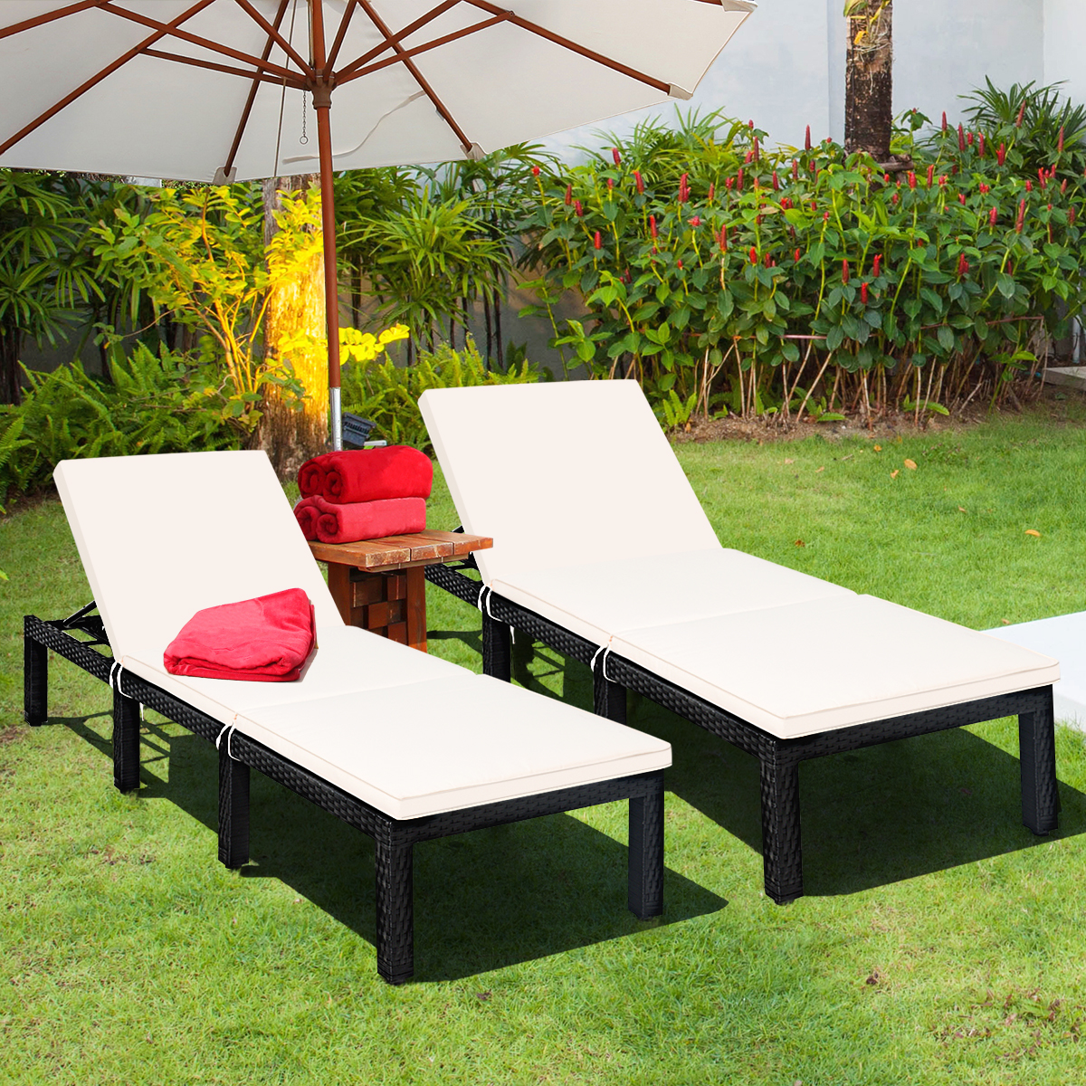 Costway 2PCS Patio Garden Rattan Lounge Chair Chaise Couch Cushioned Height Adjustable White - image 3 of 10
