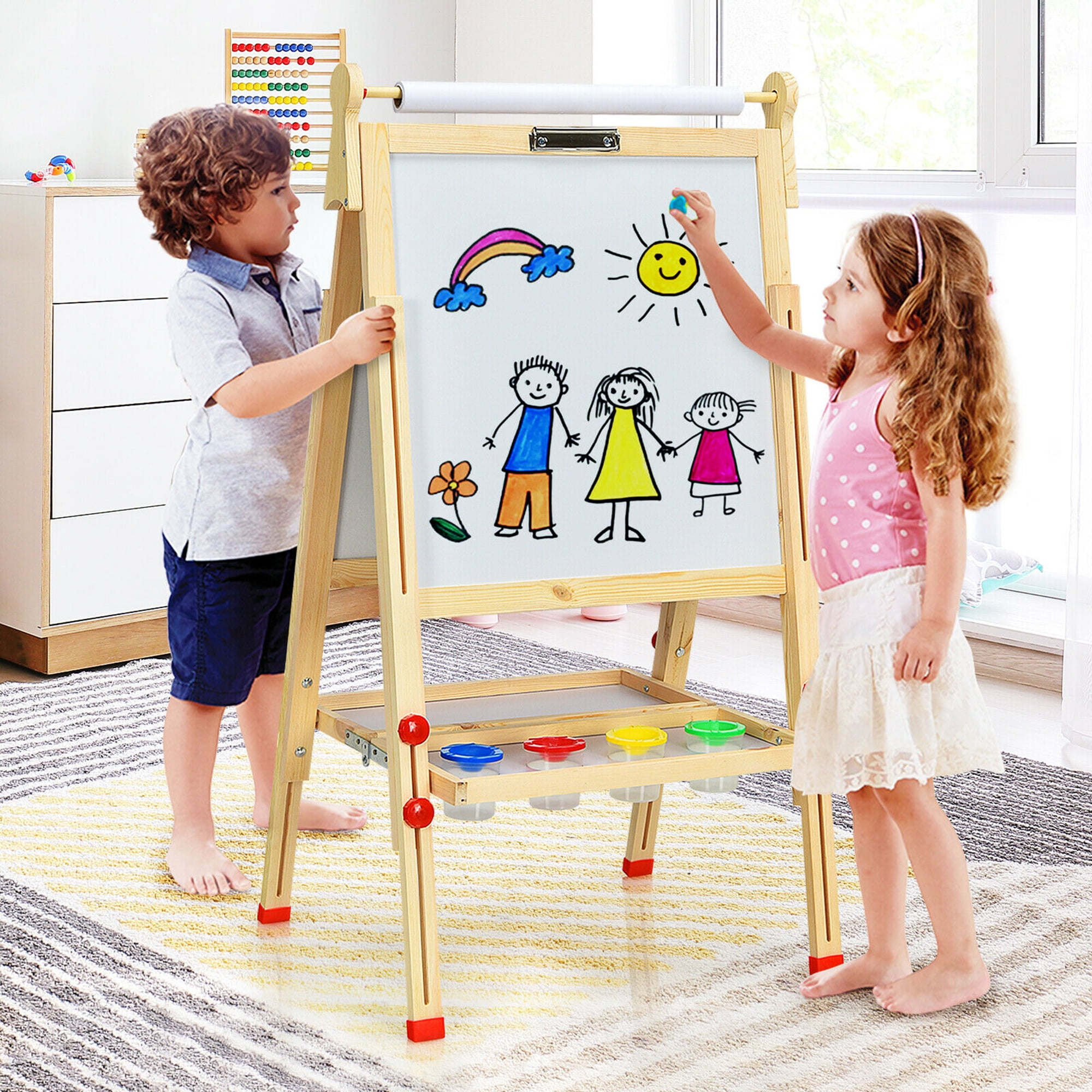 Kids Art Easel with Paper Roll Double-Sided Regulable Drawing Easel Plank
