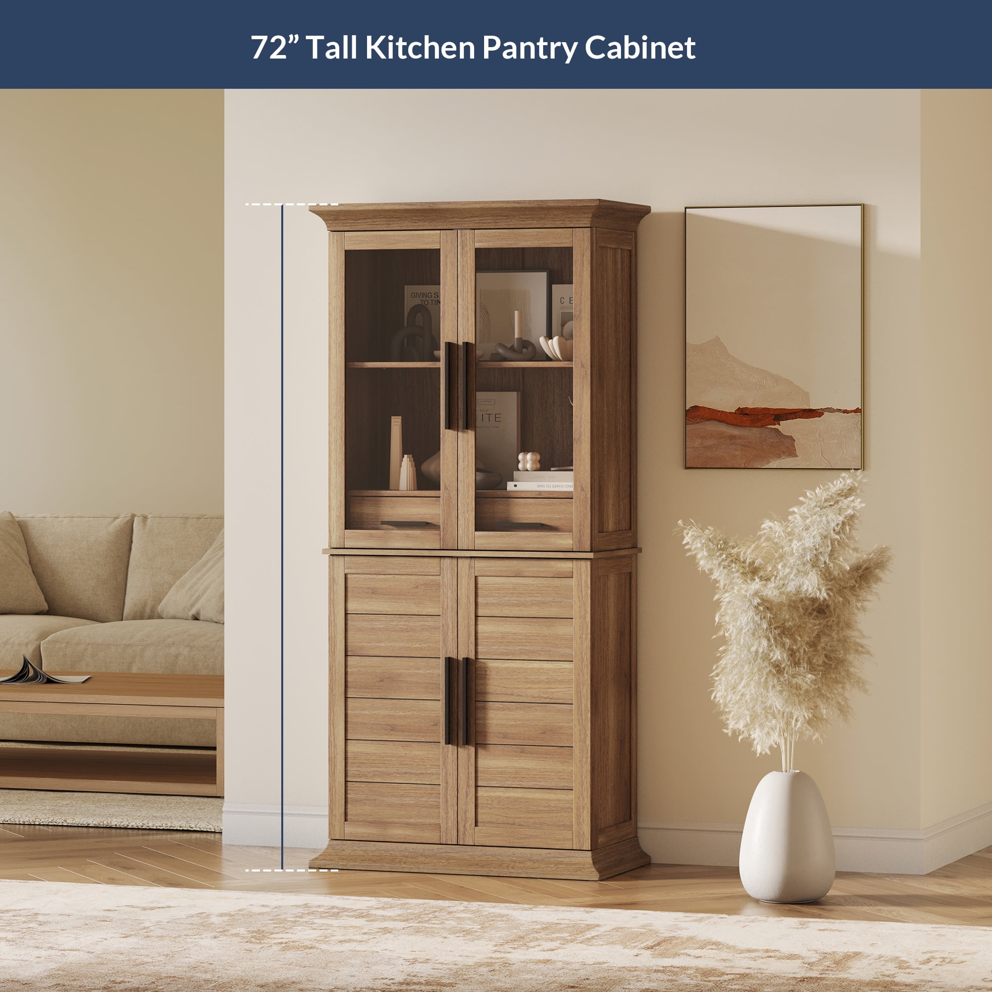 BELLEZE 72" Tall Kitchen Pantry Cabinet, Freestanding Corner Hutch with Storage, Large Storage Cabinet with Doors & Shelves, 2 Built-in Drawers for Kitchen, Dining & Living Room (Camel)