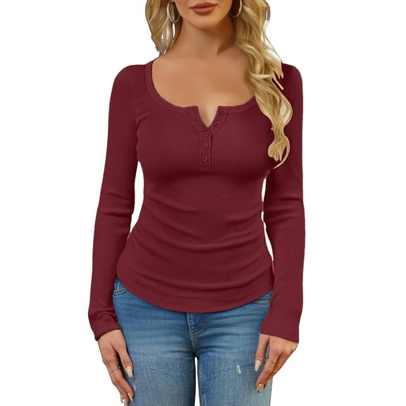 Women's Long Sleeve Henley Ribbed Fall Top Casual Winter T-Shirt