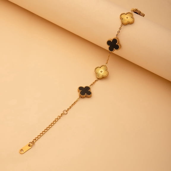 MAASHA Gold Plated Clover Bracelet for Women | Elegant Black & Golden Floral Design | Durable Lightweight Jewellery for Parties & Everyday Use | Adjustable Fit | Same As pic | 1 Pc