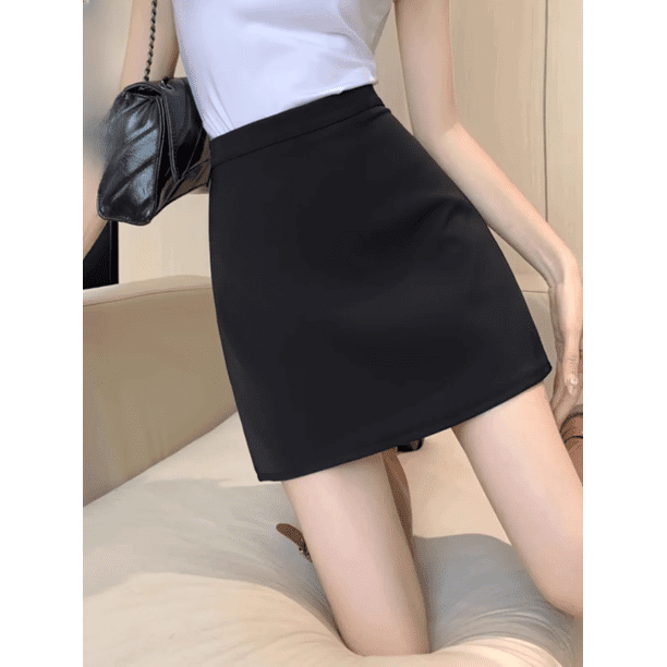 Minifalda negra de cintura alta para mujer, primavera de 2024, nuevo estilo, corte en A, estilo preppy, antiexposición, apta para varios tipos de cuerpo