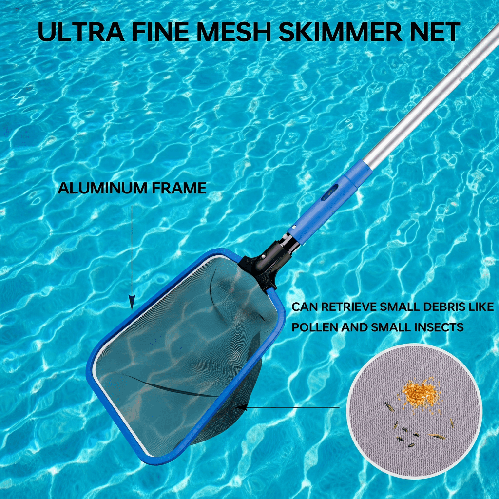 WaterJingle 3-in-1 Pool Cleaning Kit with 70.5" Adjustable Pole, Semi-Deep Skimmer Net & 12" Round Brush - Heavy Duty Maintenance Set for Above Ground Pools