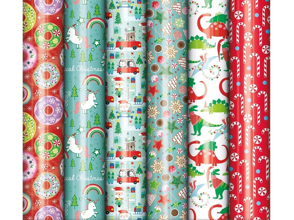 Bundle of 6 Rolls of Christmas Holiday Foil Gift Wrapping Paper, Juvenile Boys, Girls Xmas Wrap