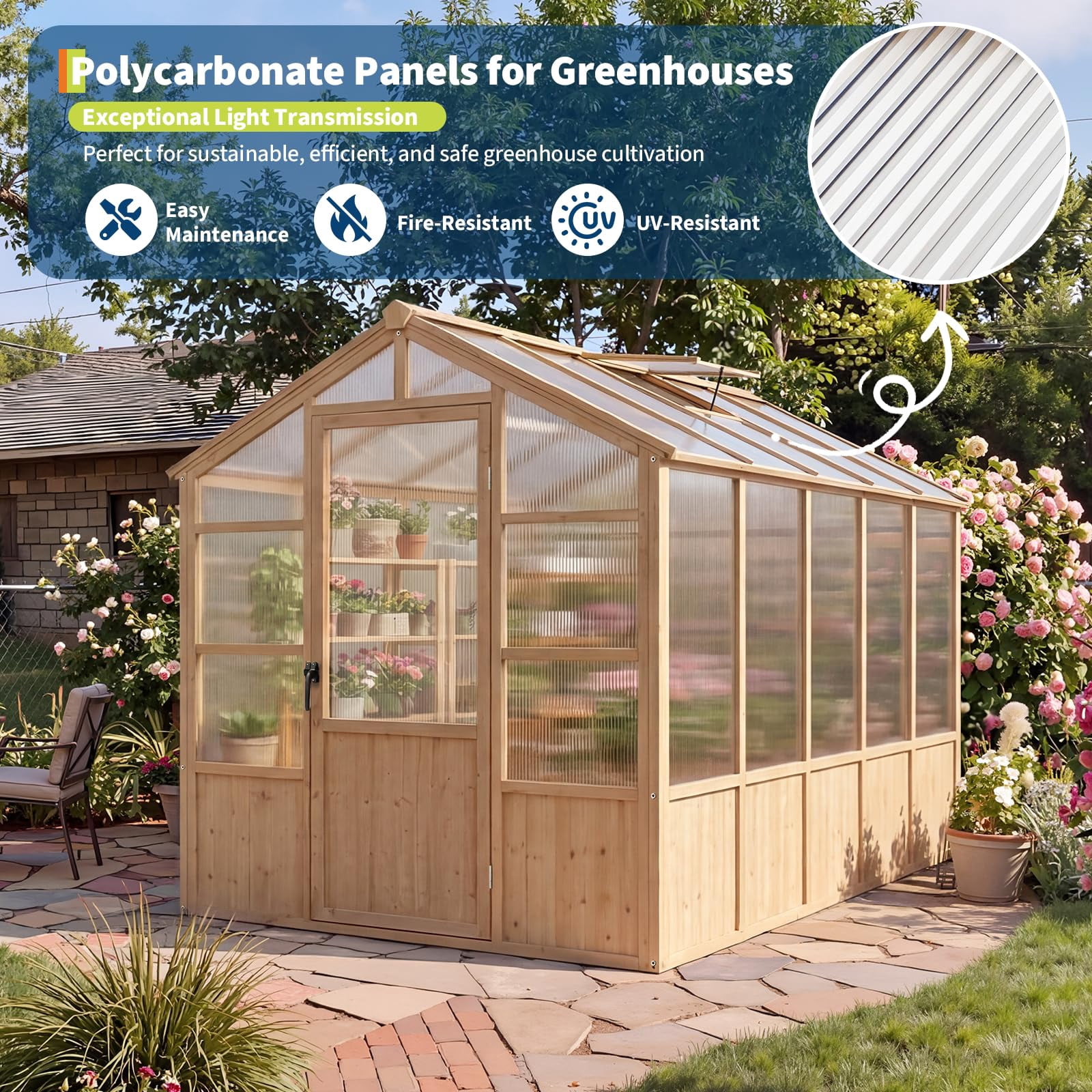 10x6ft Large Wooden Walk-in Greenhouse Kit for Outdoors, Heavy Duty Fir Wood Frame with Polycarbonate Panels & Ventilated Window for Patio Garden Backyard