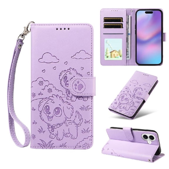 Wallet Case for iPhone 17 Embossed Puppy Dog Card Holder Kickstand Wrist Strap Purple