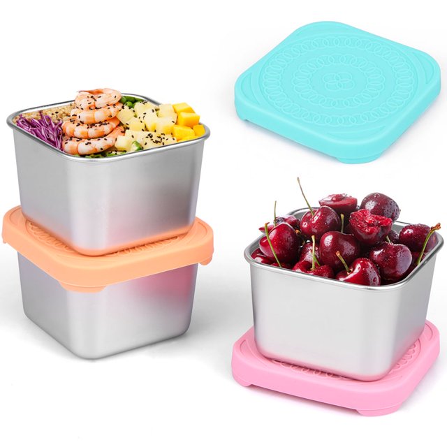 HLONK 3Pack Stainless Steel Snack Containers 6oz Snack Box Container Leakproof Stainless Steel Snack Cups with Silicone Lids Portable Snack Stackable Freezer Dishwasher Safe for Daycare S