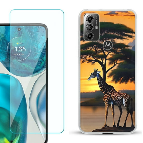 OneToughShield ® for Motorola Moto G Play 2023 Shockproof Fashion Phone Case, with Tempered Glass Screen Protector - Giraffe Sunset