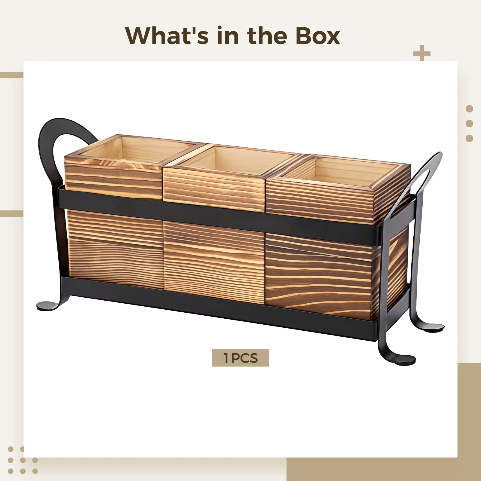 Wooden Utensil Caddy, 3-compartment Cutlery Holder, Metal Frame, Kitchen Countertop Organizer, Modern Design with Side Handles, Ideal for Kitchen and Dining Storage, 13 x 3.5 x 5.9"