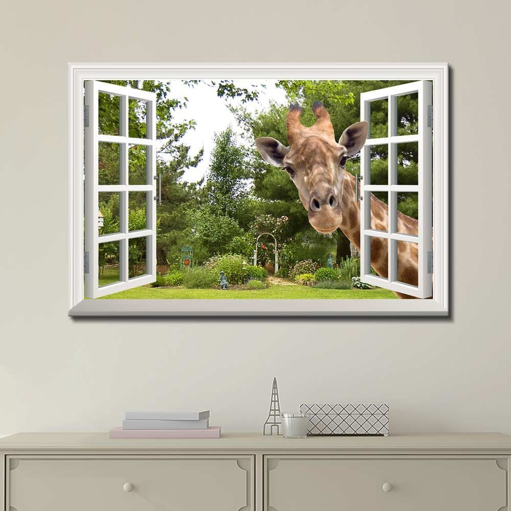 WONDER 4 A Curious Giraffe Sticking Its Head Into an Open Window Home Decor Canvas Wall Art Modern Living Room//Bedroom Decoration Stretched and Ready to Hang