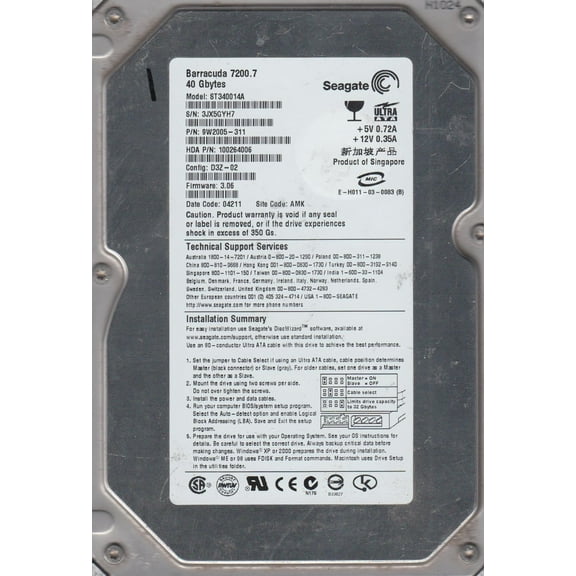ST340014A, 3JX, AMK, PN 9W2005-311, FW 3.06, Seagate 40GB IDE 3.5 Hard Drive