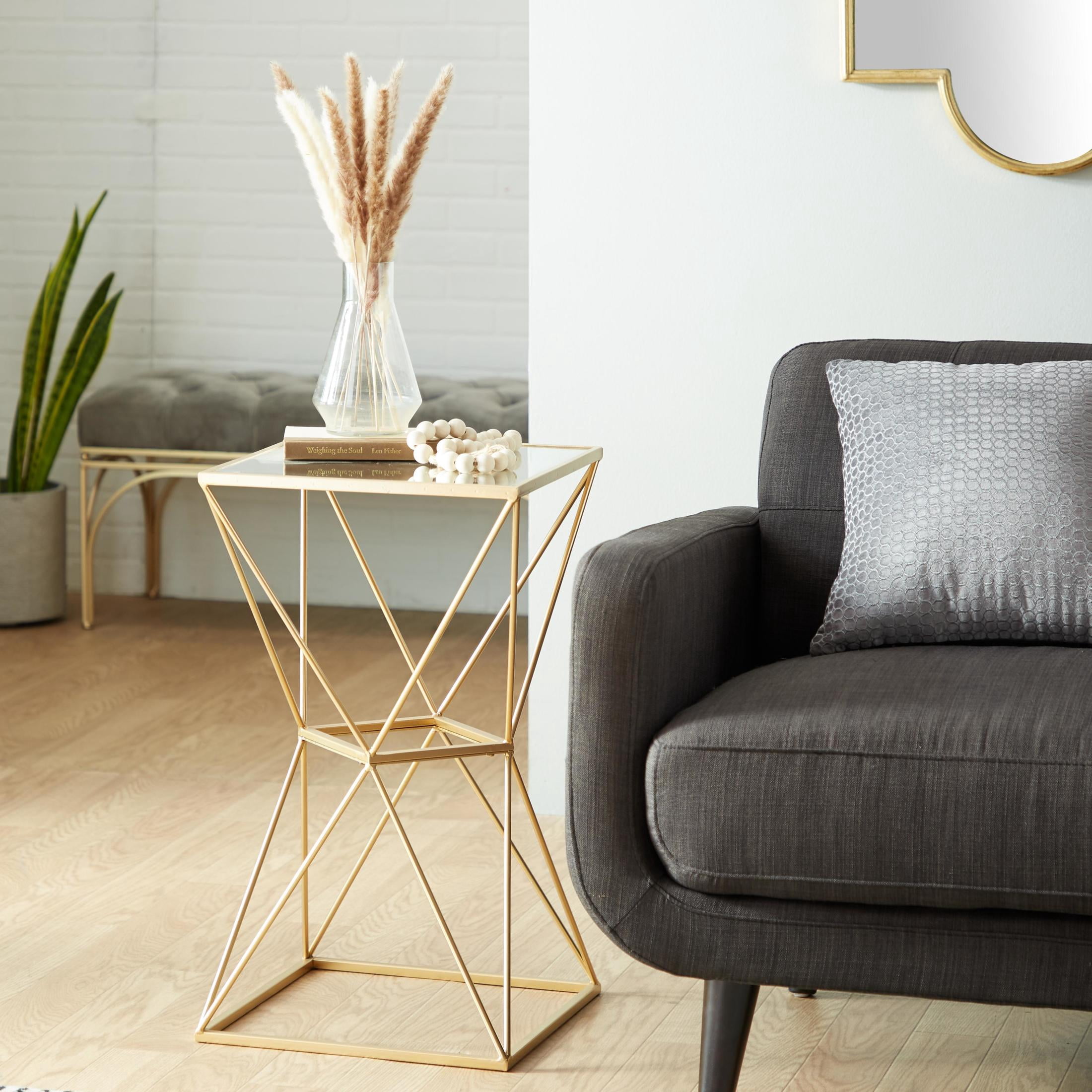DecMode 16" x 28" Gold Metal Geometric Accent Table with Mirrored Glass Top, 1-Piece