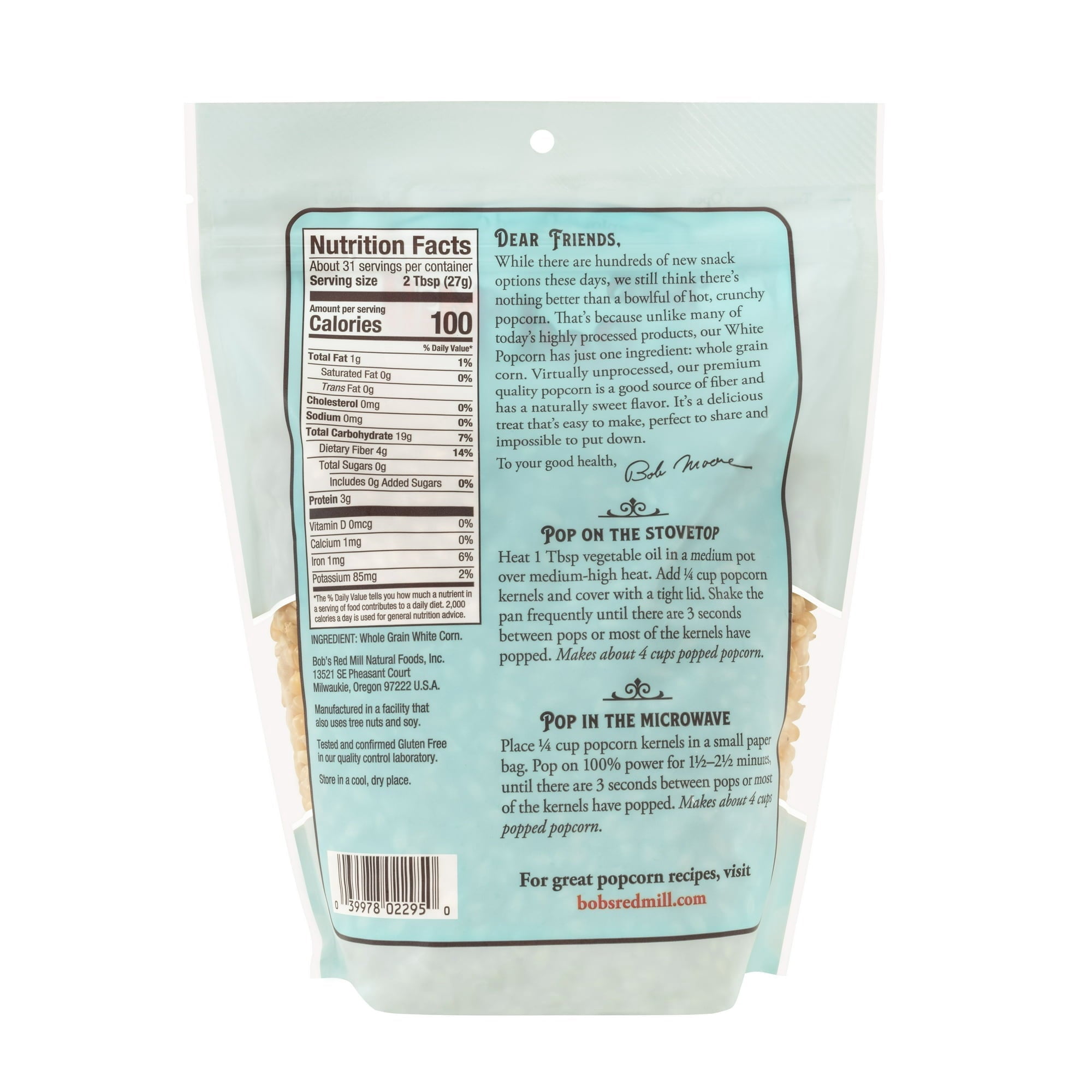 Bob's Red Mill Resealable Whole Grain Snack, Kernel White Popcorn, 30oz (2 Pack)
