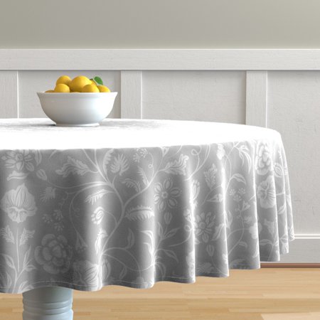 

Cotton Sateen Tablecloth 90 Round - Chinoiserie Damask Floral Art Nouveau Light Grey Neutral Peony Botanical Print Custom Table Linens by Spoonflower