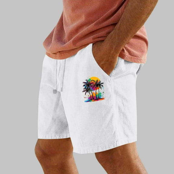 PNTUTB Men's Summer Fashion Coconut Tree Small Print Casual Elastic Drawstring Shorts with Pockets