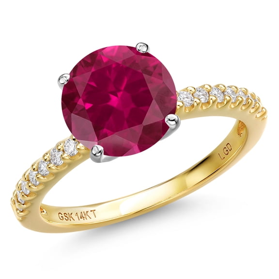 Gem Stone King 14K Two Tone Gold Red Created Ruby and Lab Grown Diamond Engagement Ring for Women | 4.16 Cttw | Round 10MM | Gemstone July Birthstone | Size 6