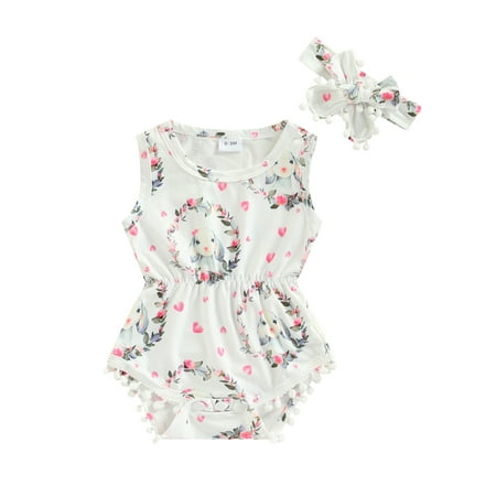 

Kids Toddler Baby Girls Easter 2-Piece Outfits Sleeveless Egg Print Romper Bodysuit With Matching Bow Headband