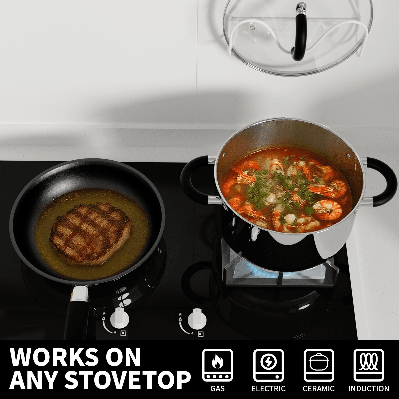 5 Ply Base Pots and Pans Set, 18/8 Stainless Steel Cookware Set of 6, Non Stick Frying Pans, Dishwasher Safe
