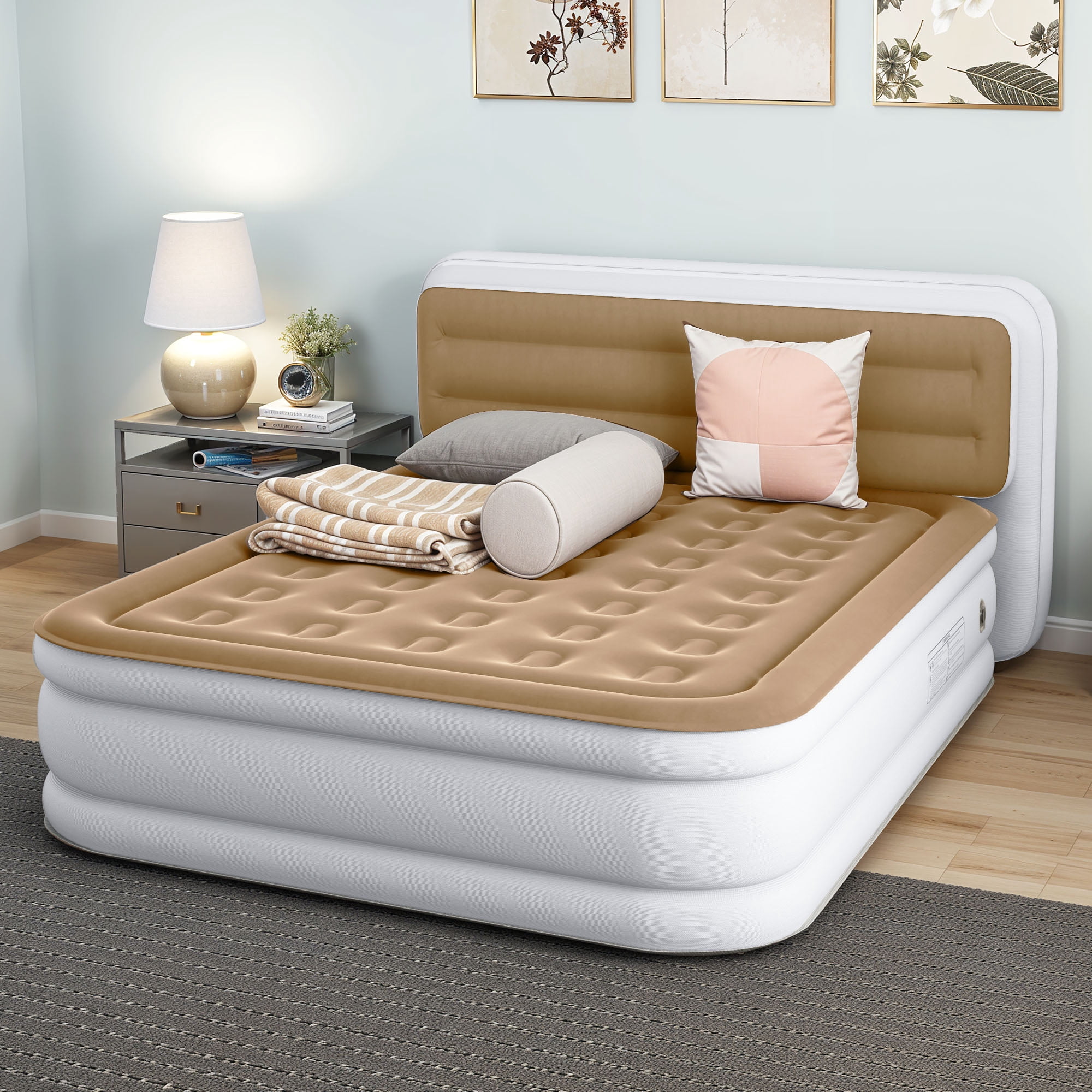Uforic Queen Size Air Mattress with Built-in Headboard and Inflation Pump, 18in Deluxe Flocked Top Air Mattress, Sturdy Blow-Up Bed for Home & Visitors, Brown