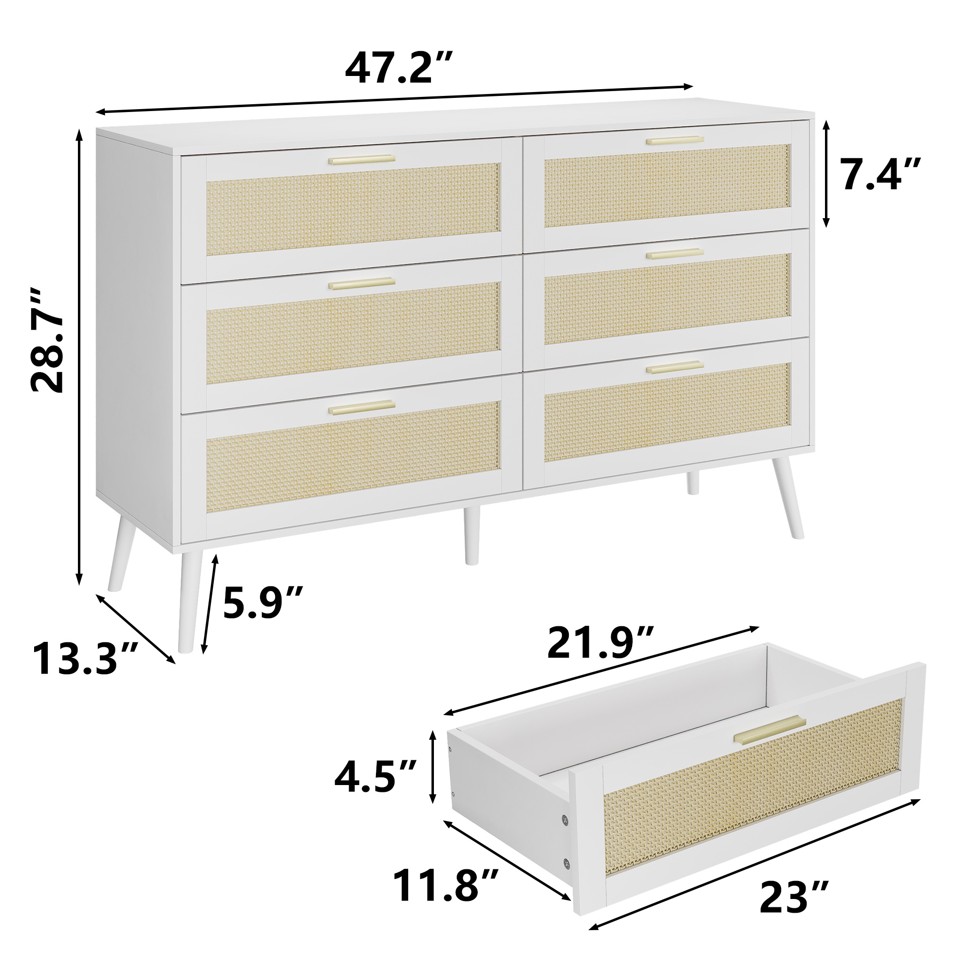 Finihen Rattan 6 Drawers Chest of Dressers, Modern 6 Drawer Dresser, Wide Chest of Drawers with wood Handles, Rattan Dresser Storage Cabinet, for Living Room, Bedroom, Hallway, White Finihen Rattan 6 Drawers Chest of Dressers, Modern 6 Drawer Dresser, Wide Chest of Drawers with wood Handles, Rattan Dresser Storage Cabinet, for Living Room, Bedroom, Hallway, White