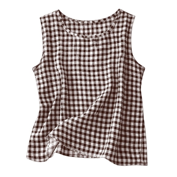 Womens Gauze Tank Tops Trendy Plaid Gingham Boho Blouses Summer Casual Tunic Top Beach Cute Sleeveless Shirt Coffee Size S