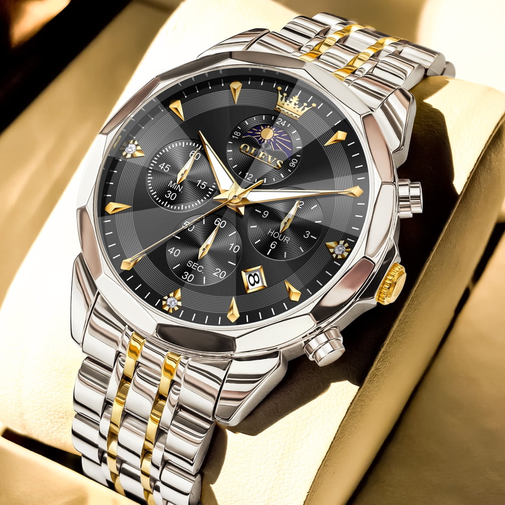 OLEVS Watches For Men Business Dress Luxury Casual Chronograph Multifunction Analog Quartz Stainless Steel Waterproof Luminous Moon Phase Date Men Wrist Watches Reloj Para Hombre Black Dial