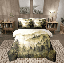 Manfei Jungle Tree Bedding Comforter Set 7pcs for Adult, Rustic Farmhouse Queen Bedding Sets, Yellow Watercolor Artwork Reversible Queen Sheet Sets, Lightweight Room Decor