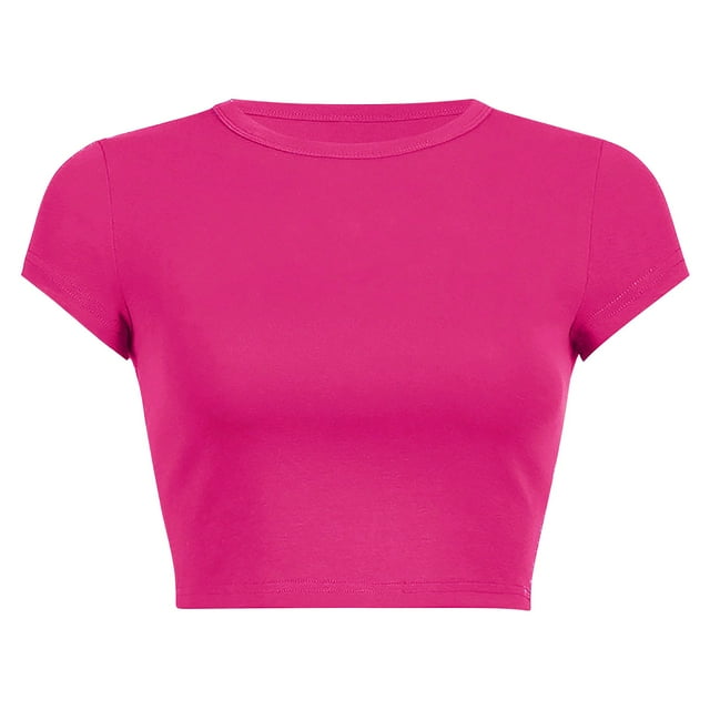 Pink Shirts for Women Round Neck Summer Solid Color Short T Shirt Ladies Tops and Blouses