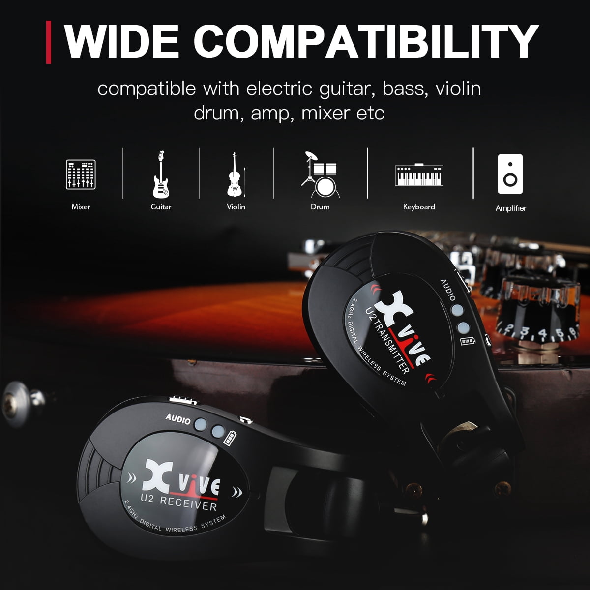 Xvive U2 Guitar Wireless System Wireless Guitar Transmitter and Receiver for Guitar, Bass, Amp, Violin(Black)
